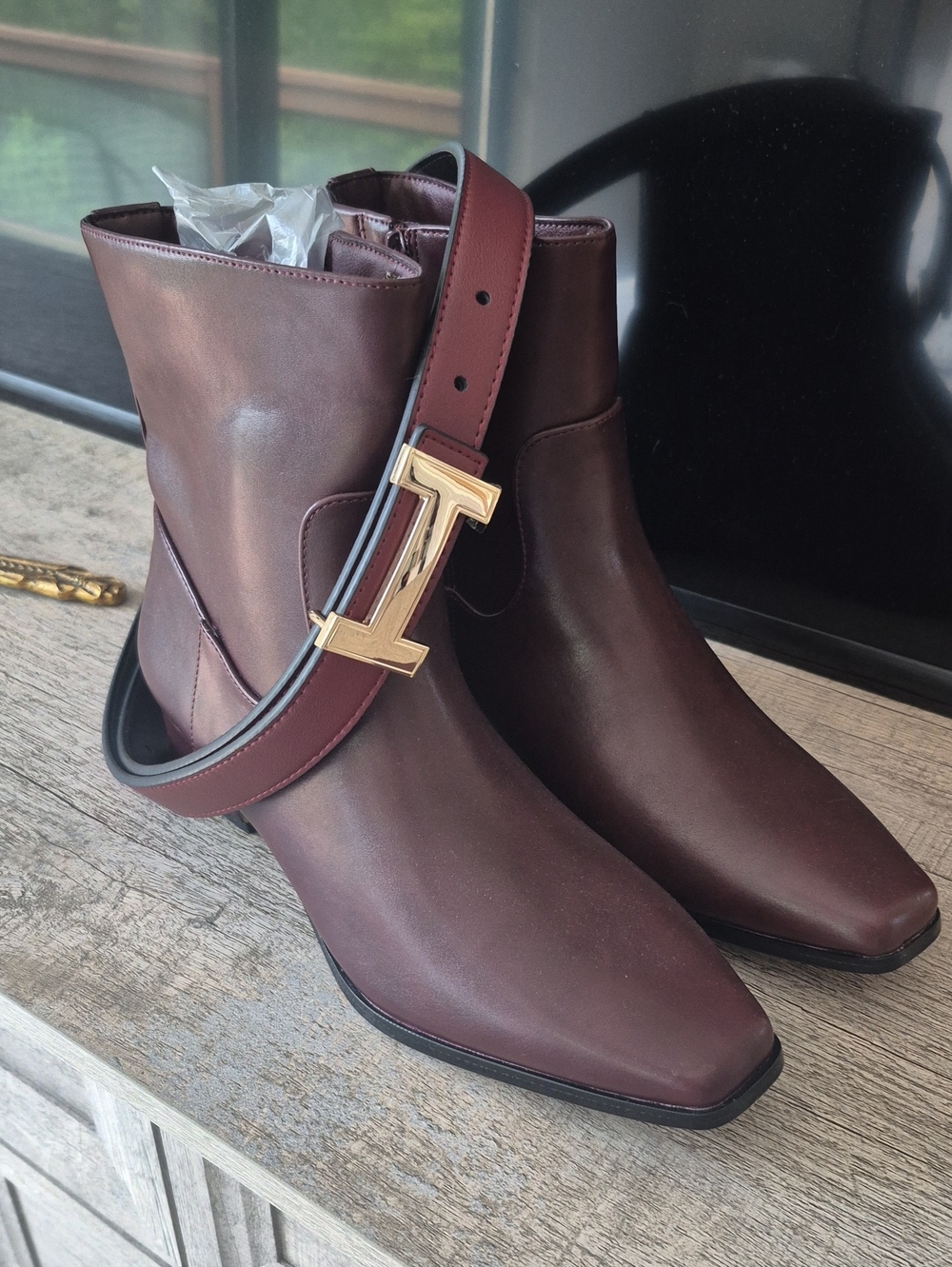 Ankle Boots in Burgundy Plus Belt In Burgundy with Gold Buckle